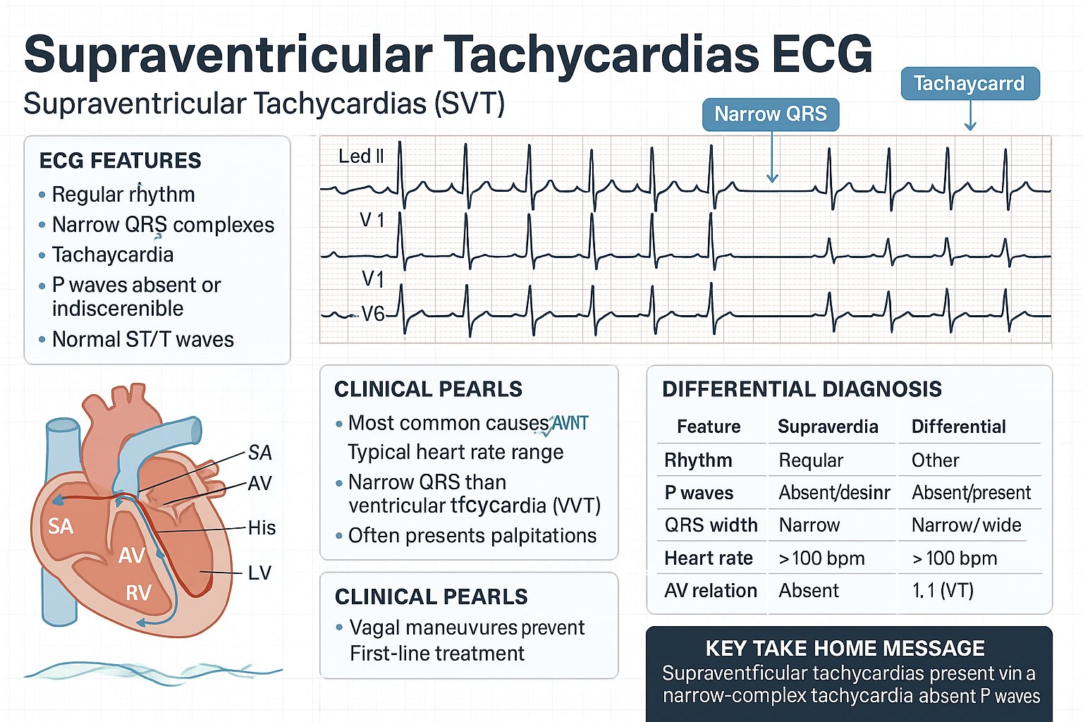 Supraventricular Tachycardias (SVT) ECG infographic — ECG features, diagnostic criteria, mechanism, clinical pearls, differential diagnosis, and key take-home message