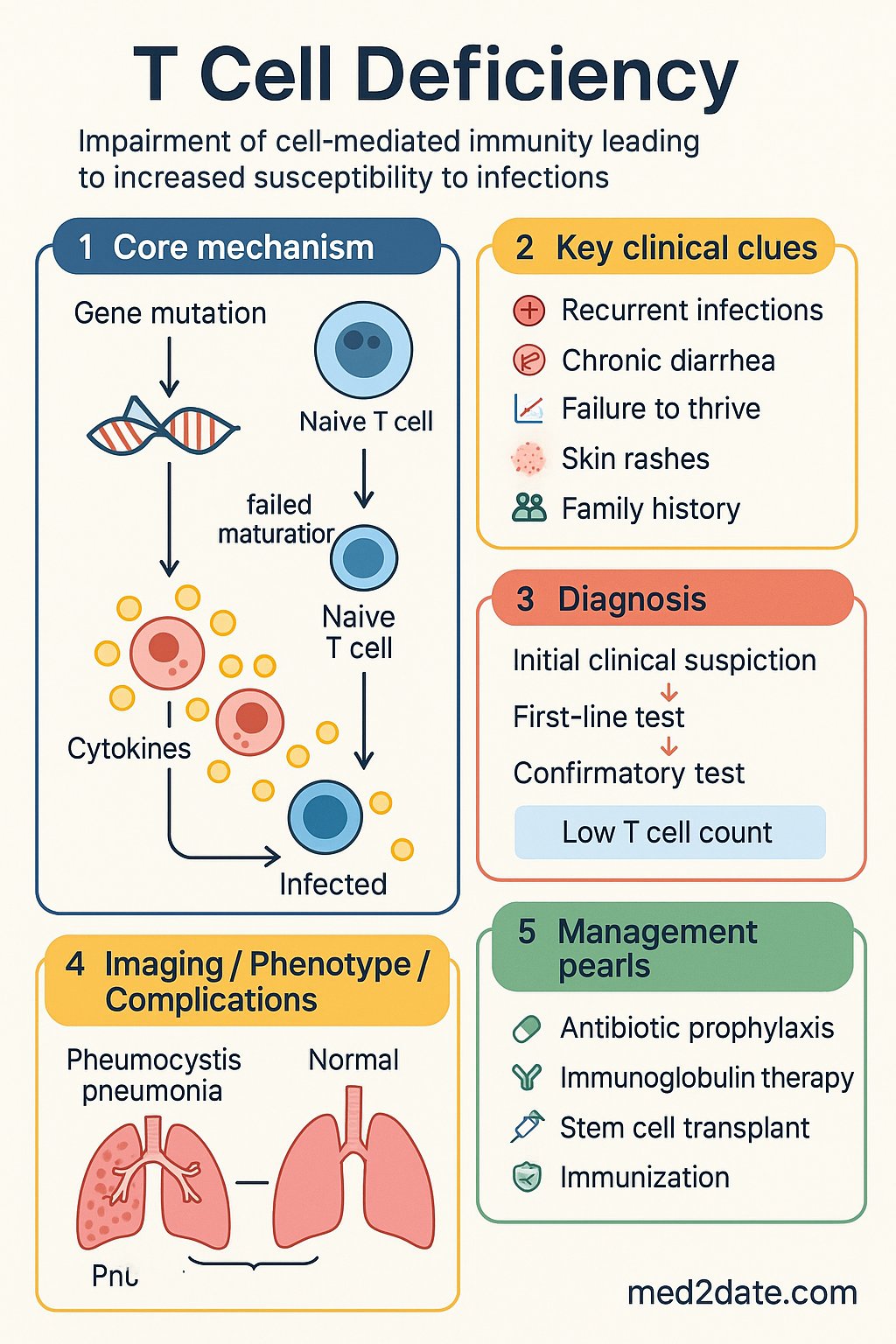 T Cell Deficiency clinical infographic — pathophysiology, clinical clues, diagnosis, imaging, and management