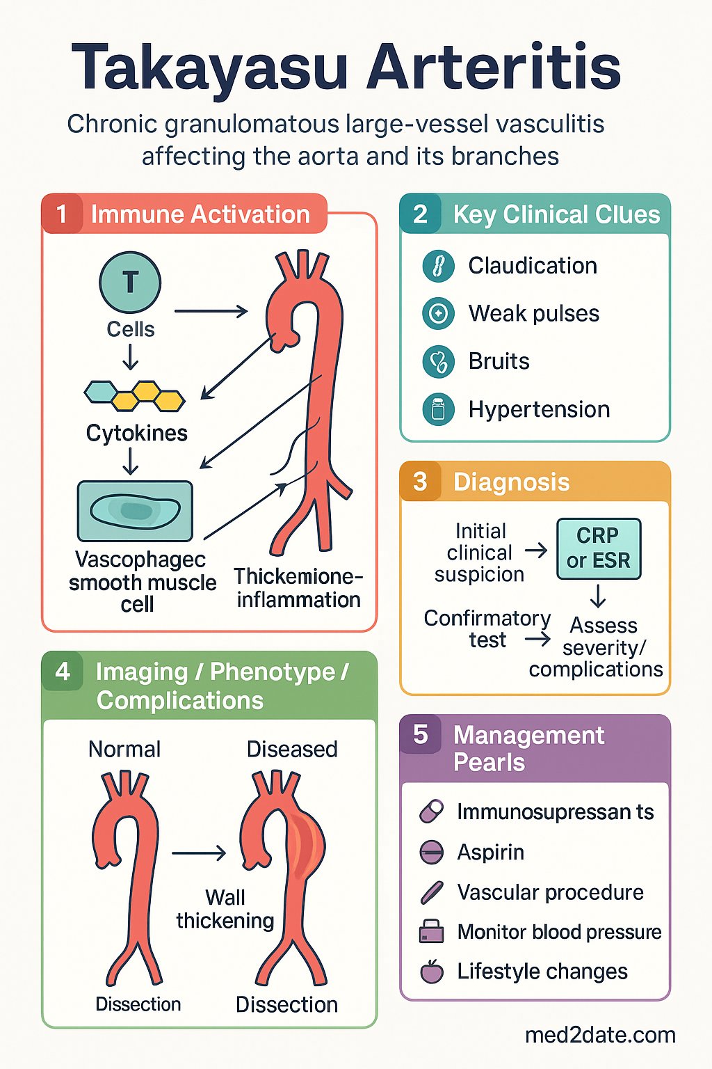 Takayasu Arteritis clinical infographic — pathophysiology, clinical clues, diagnosis, imaging, and management