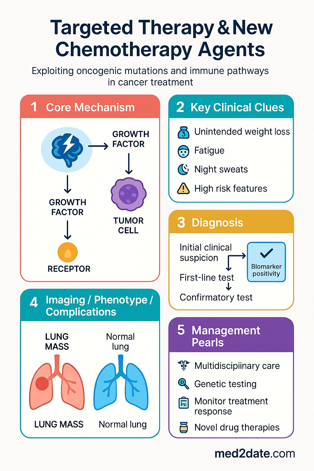 Targeted Therapy & New Chemotherapy Agents clinical infographic — pathophysiology, clinical clues, diagnosis, imaging, and management
