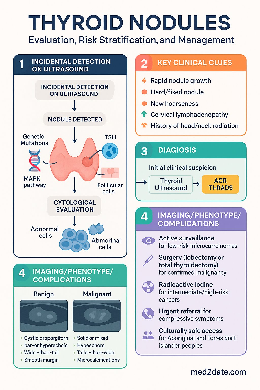 Thyroid Nodules clinical infographic — pathophysiology, clinical clues, diagnosis, imaging, and management