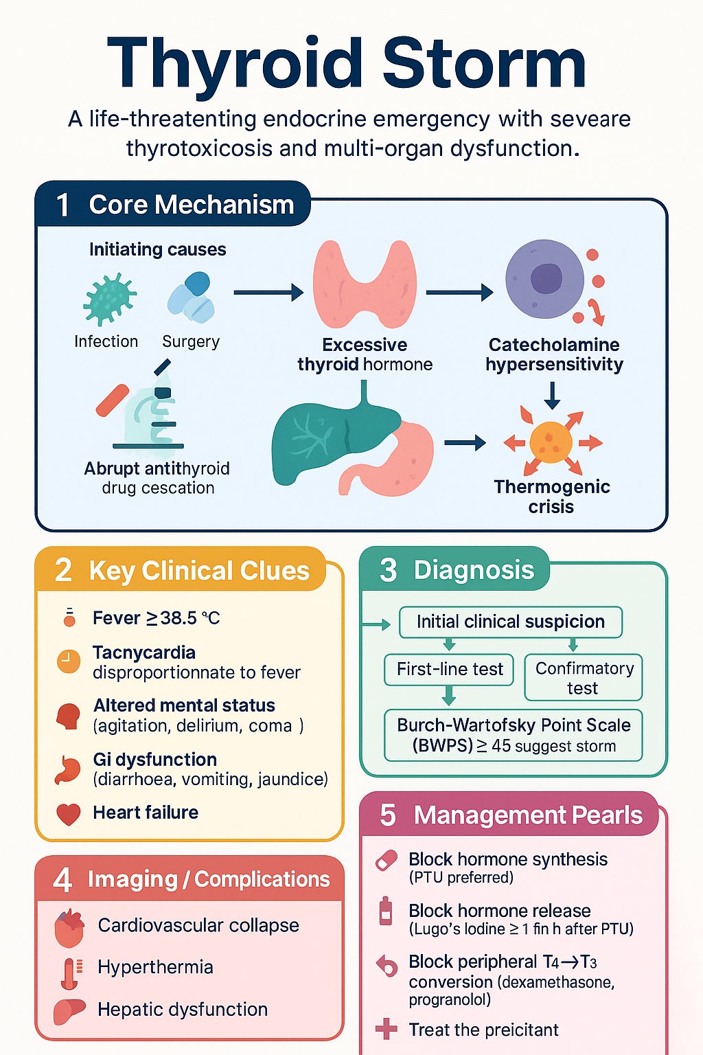 Thyroid Storm clinical infographic — pathophysiology, clinical clues, diagnosis, imaging, and management