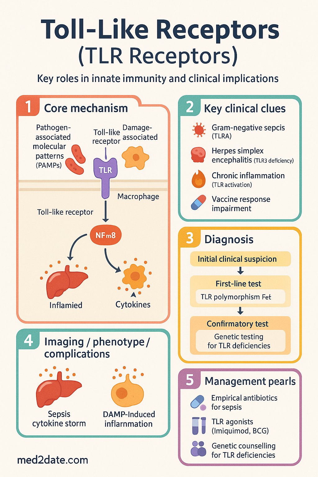 Toll-Like Receptors (TLR Receptors) clinical infographic — pathophysiology, clinical clues, diagnosis, imaging, and management