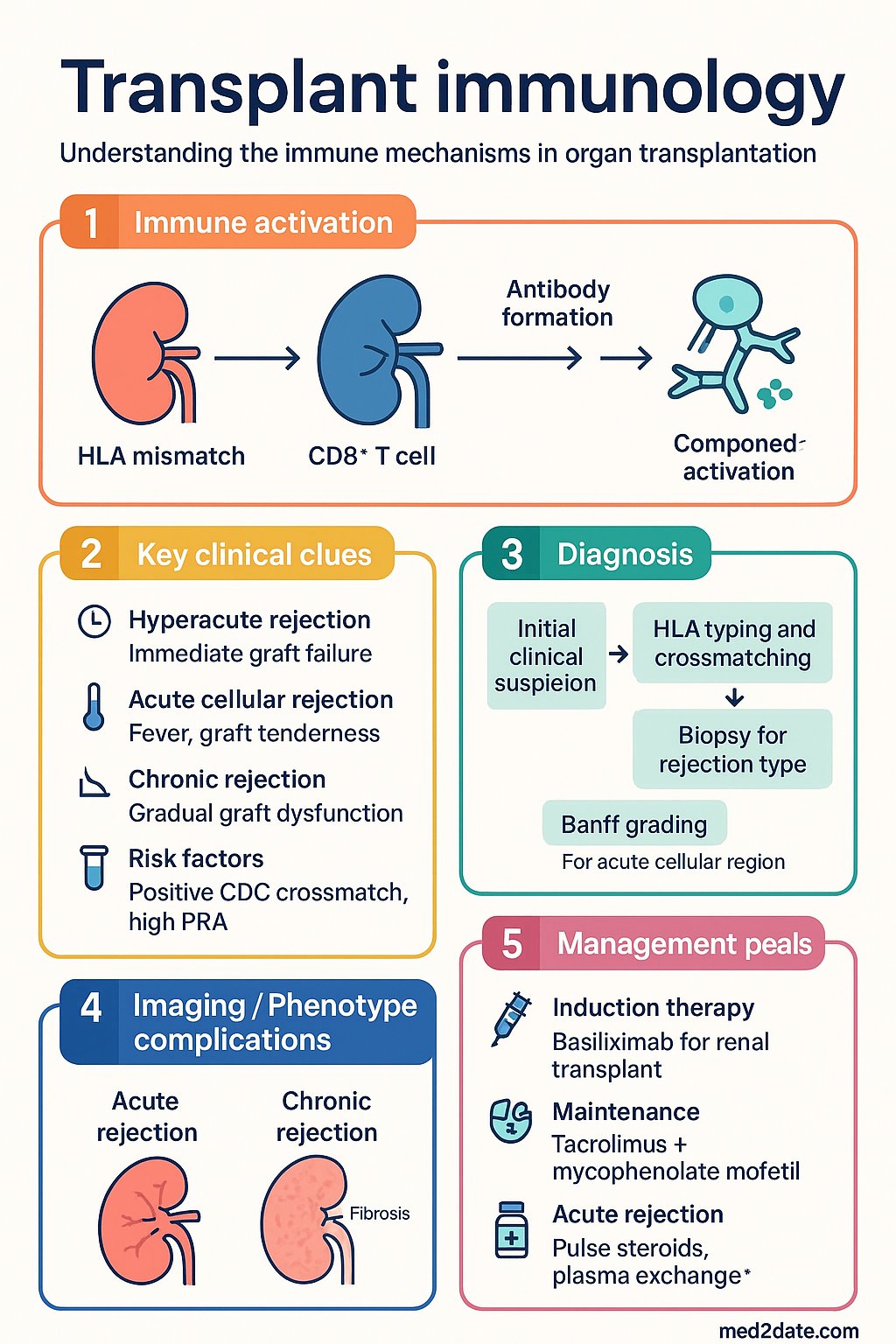 Transplant Immunology clinical infographic — pathophysiology, clinical clues, diagnosis, imaging, and management
