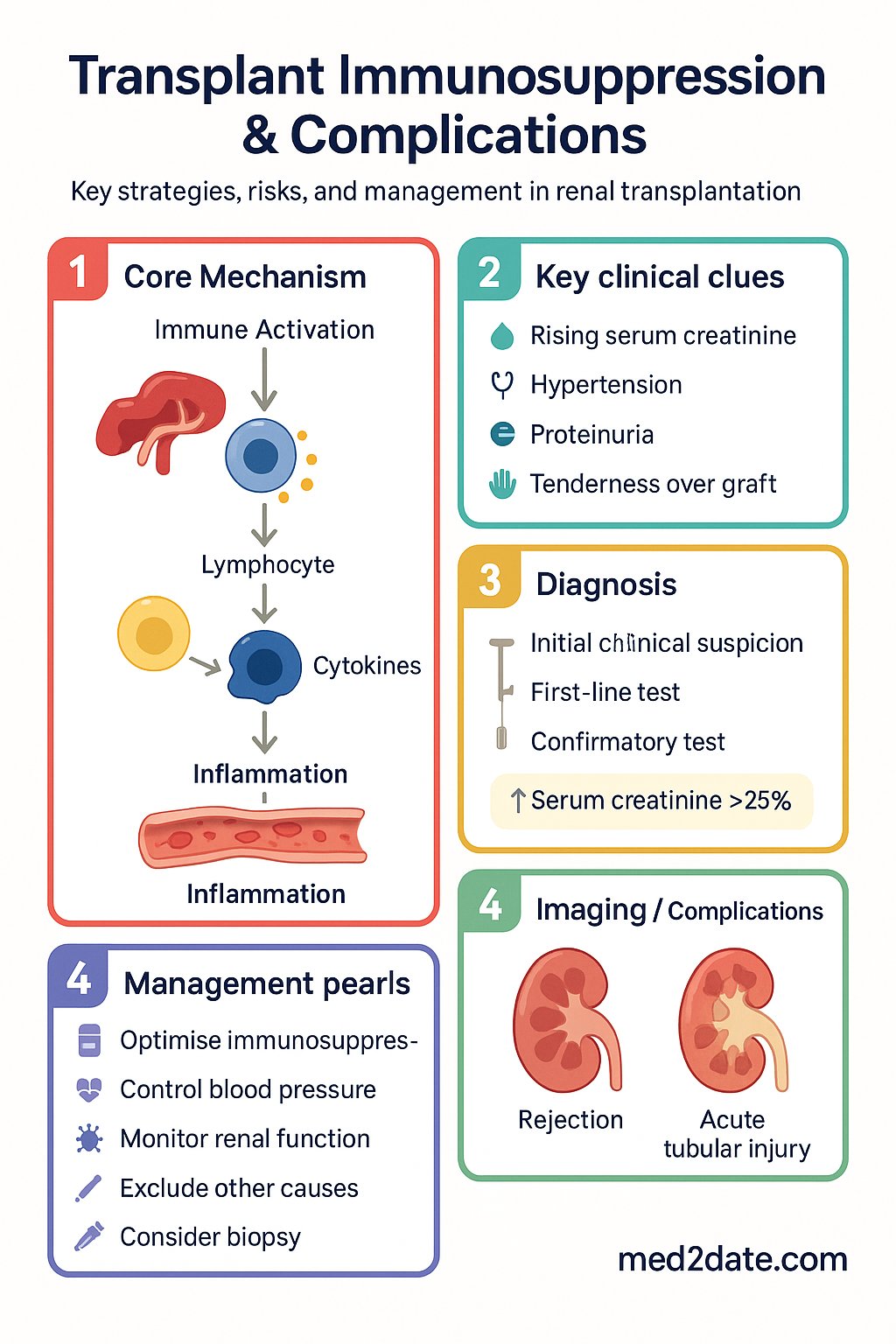 Transplant Immunosuppression & Complications clinical infographic — pathophysiology, clinical clues, diagnosis, imaging, and management