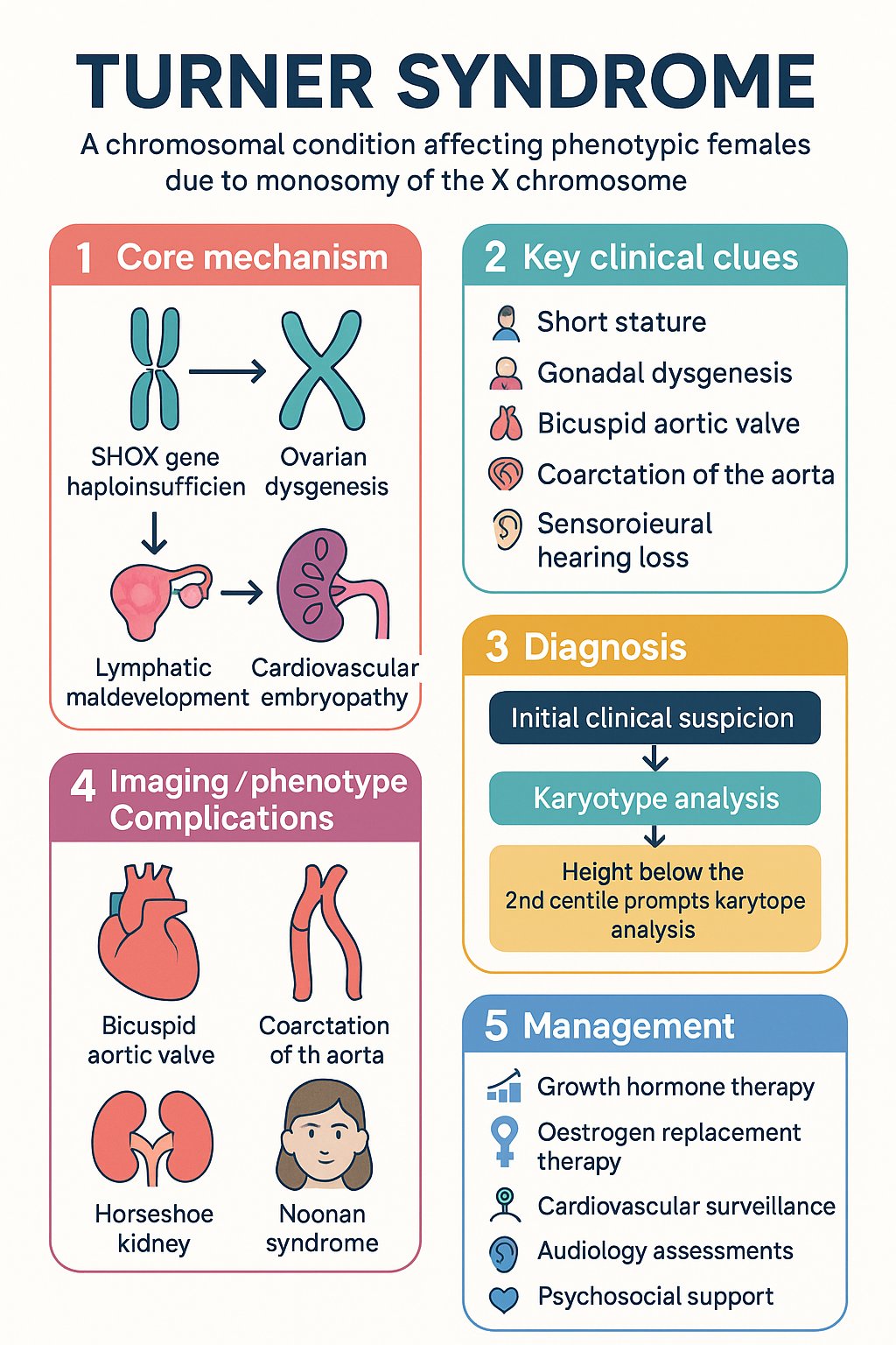 Turner Syndrome clinical infographic — pathophysiology, clinical clues, diagnosis, imaging, and management