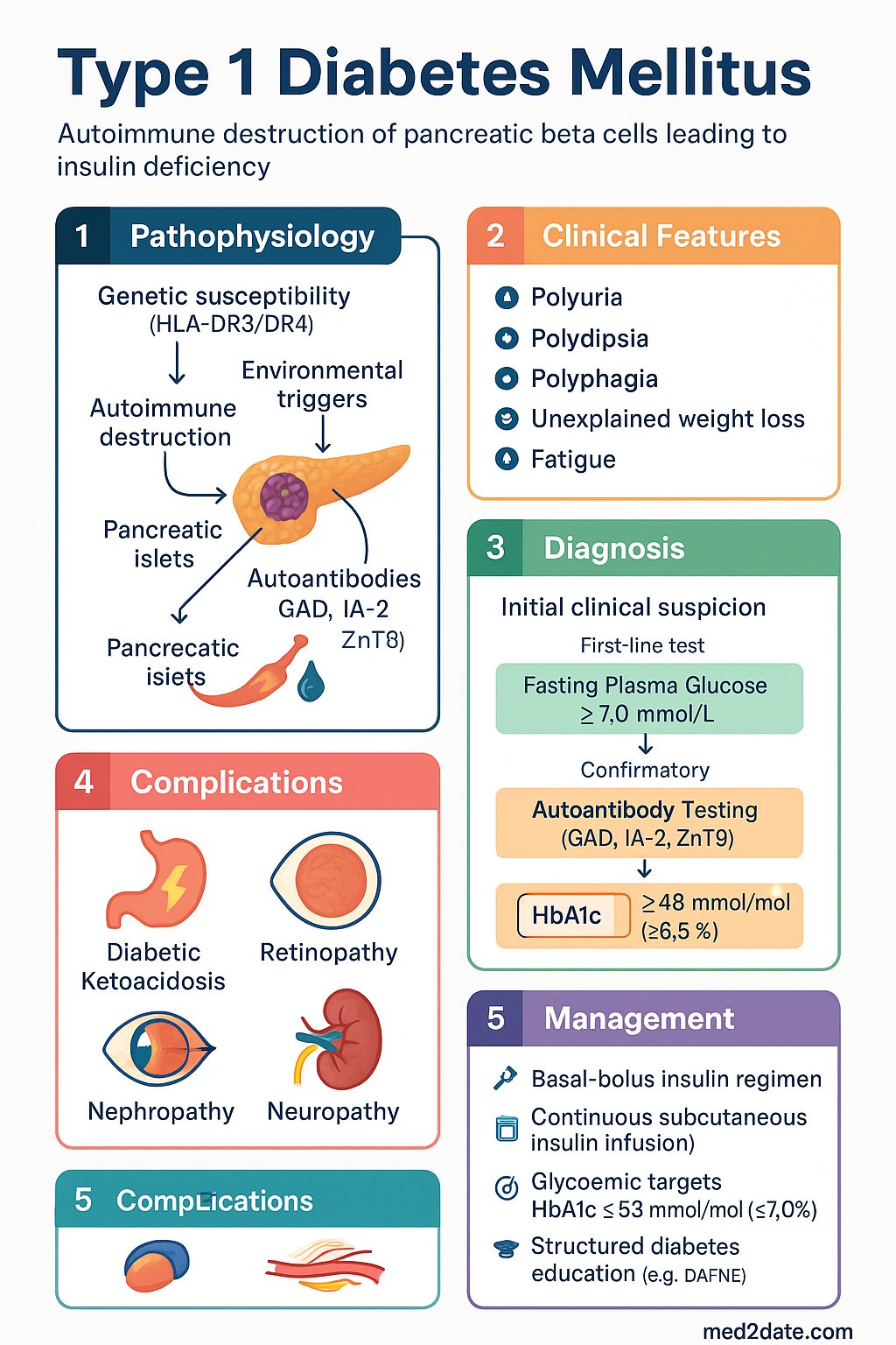 Type 1 Diabetes Mellitus clinical infographic — pathophysiology, clinical clues, diagnosis, imaging, and management