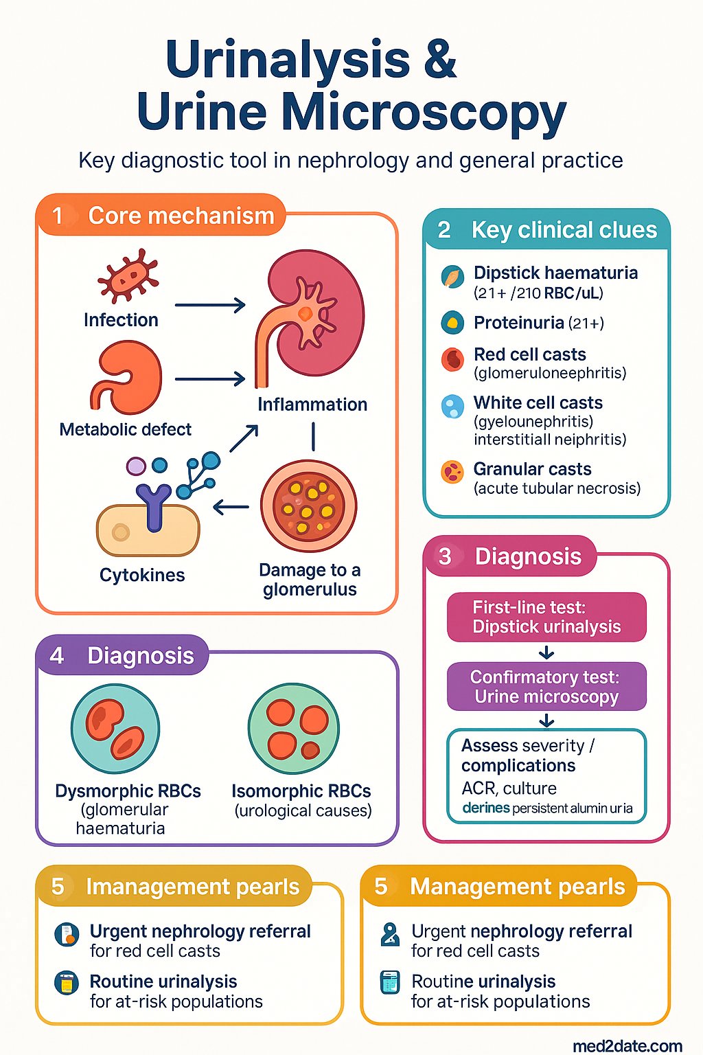 Urinalysis & Urine Microscopy clinical infographic — pathophysiology, clinical clues, diagnosis, imaging, and management