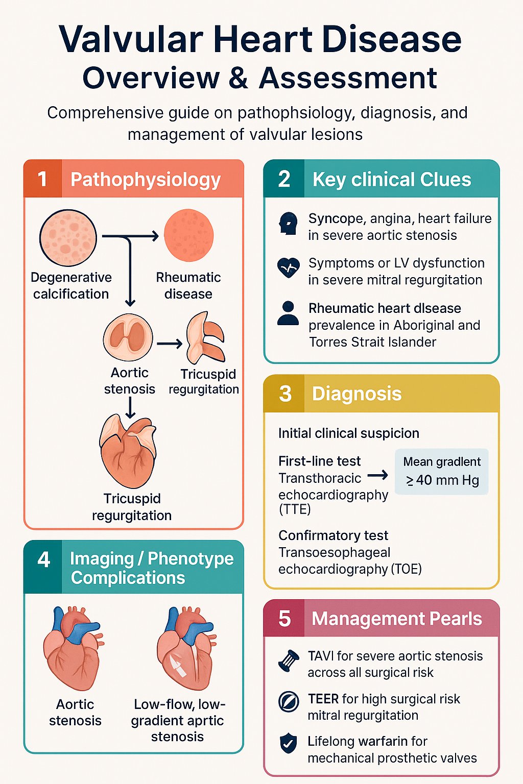 Valvular Heart Disease: Overview & Assessment clinical infographic — pathophysiology, clinical clues, diagnosis, imaging, and management