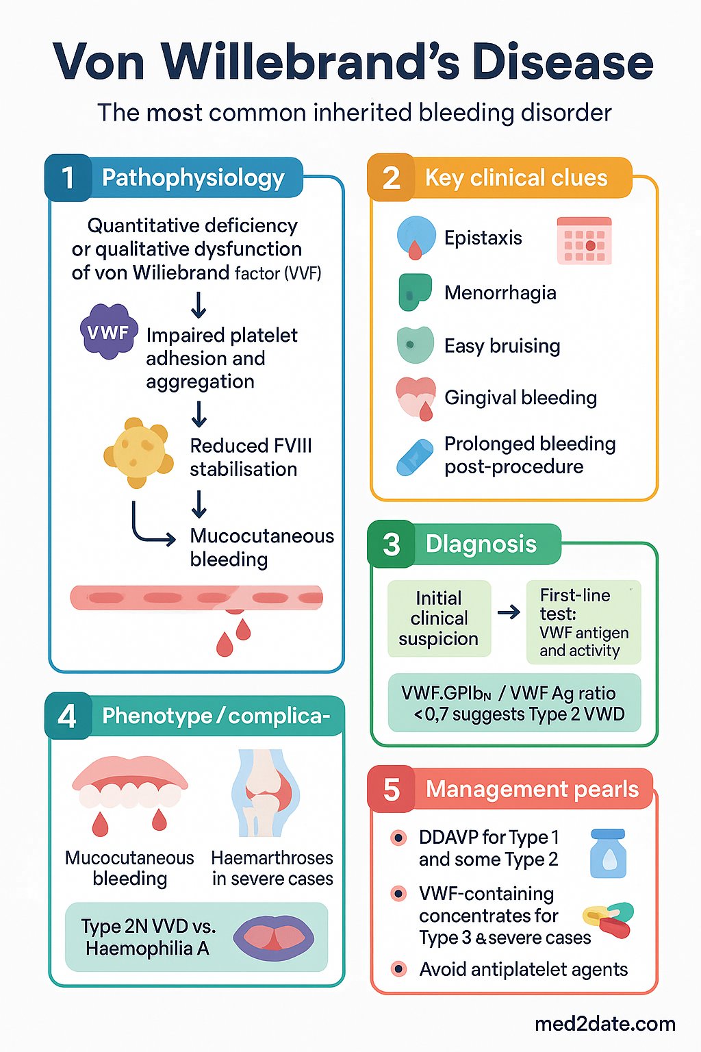 Von Willebrand's Disease clinical infographic — pathophysiology, clinical clues, diagnosis, imaging, and management